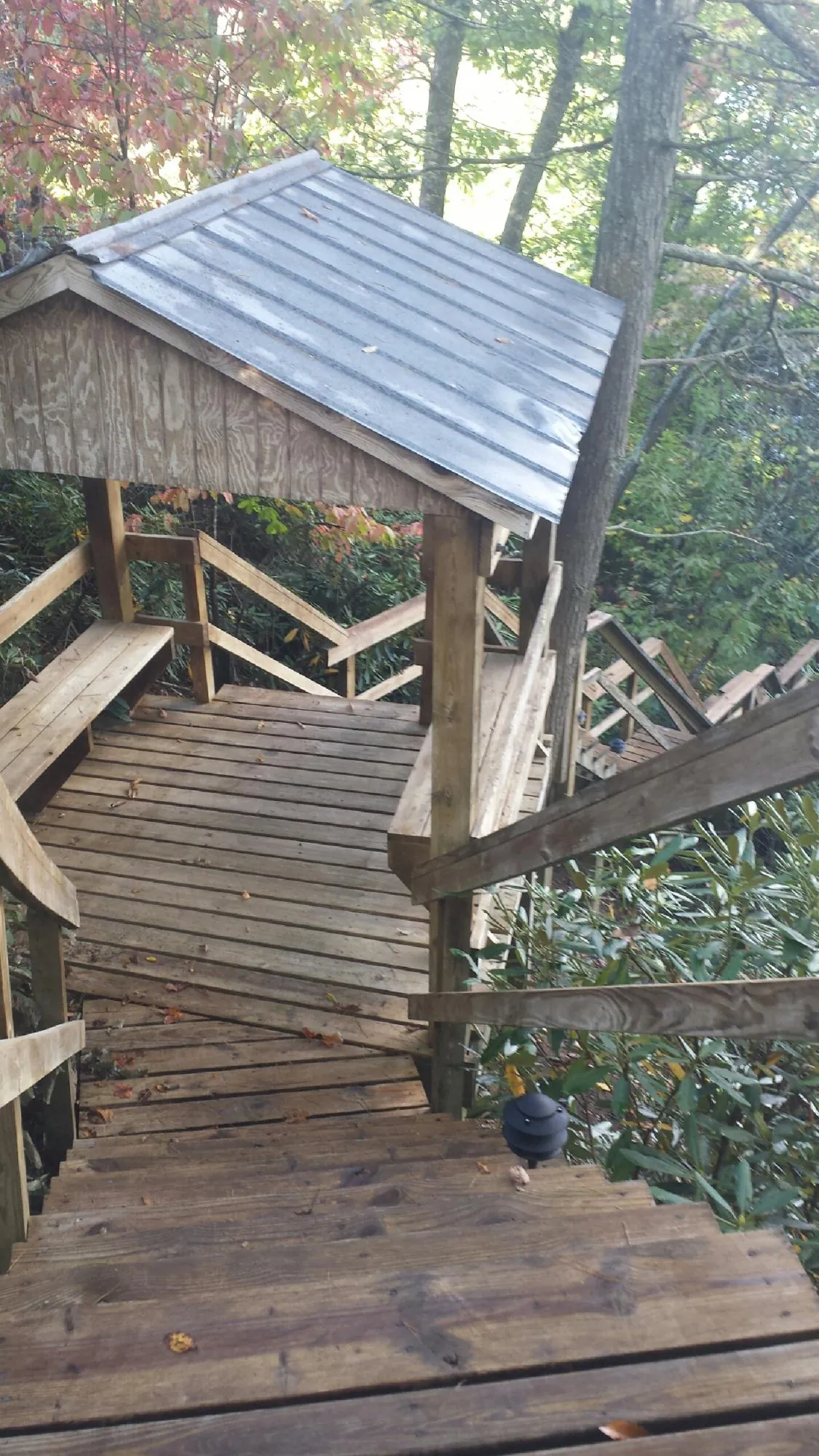 Metal roofed shelter over wooden steps on a wooded walkway — Skylight Repair & Installation work by our crew in Agate